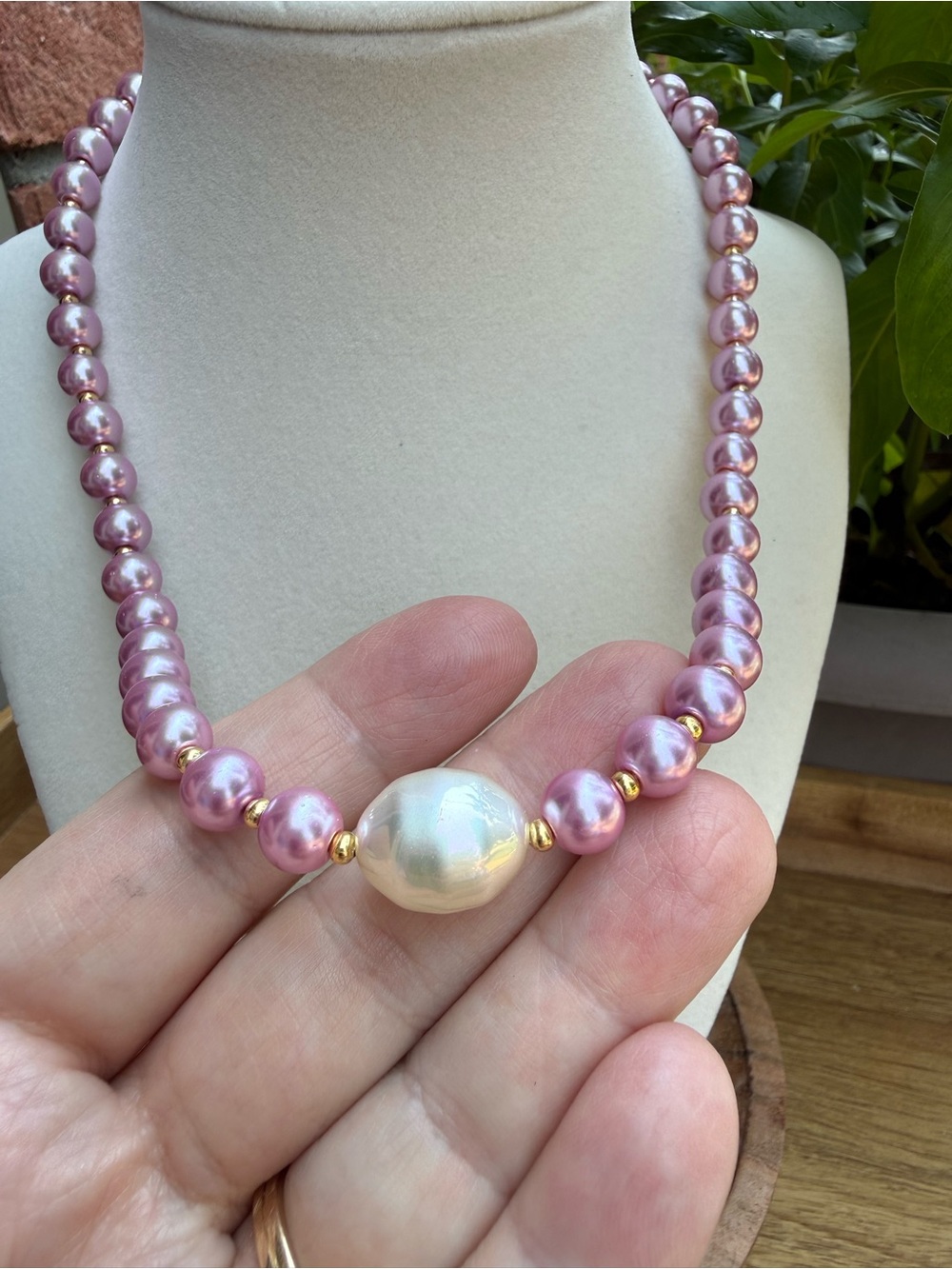 Purple Faux Pearl & Gold Beaded Necklace – 18” with Large Baroque Faux Pearl - Picture 2 of 7